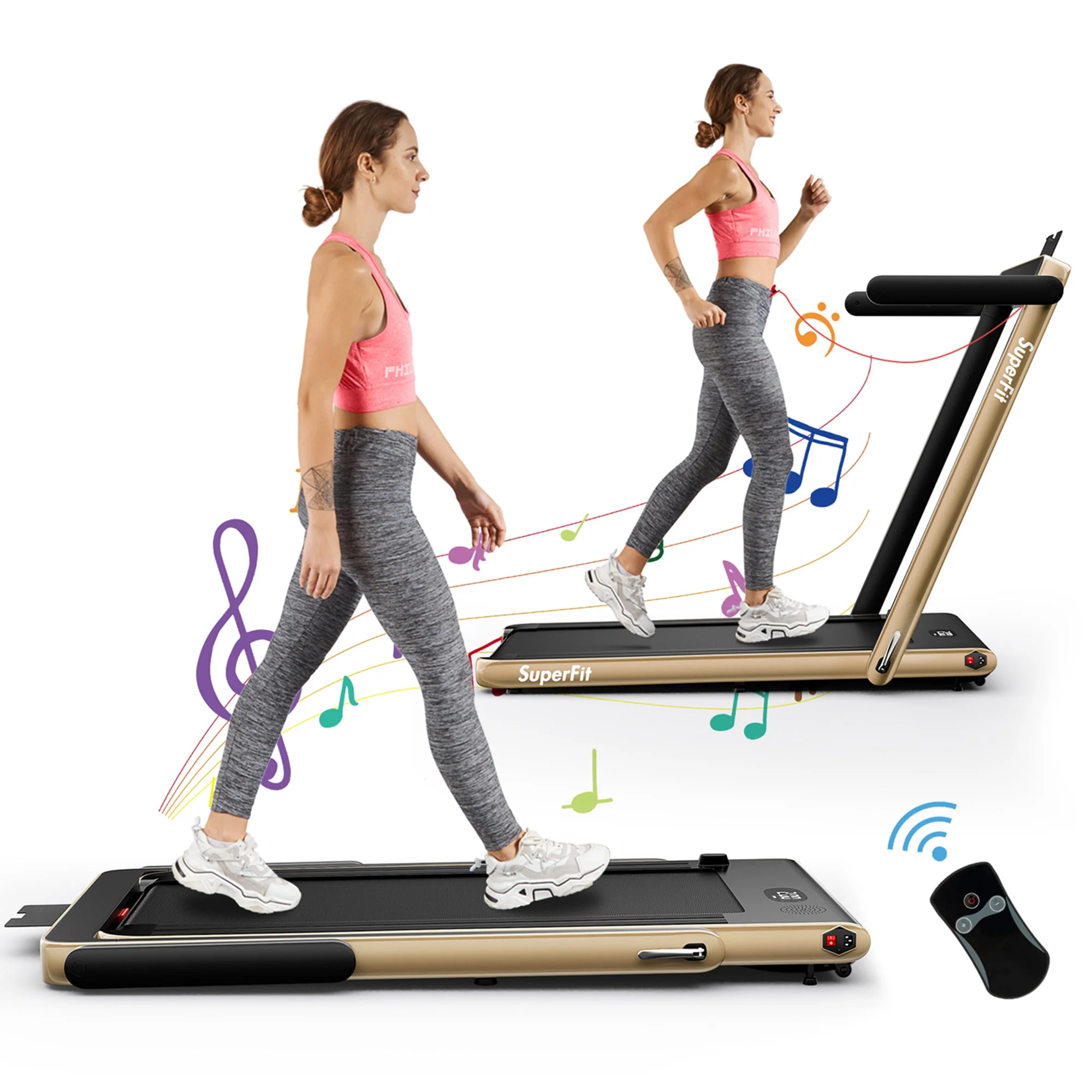 SuperFit Up To 7.5MPH 2.25HP 2 in 1 Single Display Screen Folding Treadmill W/ APP Control Speaker Remote Control Blue
