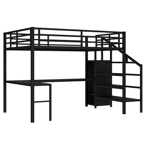 SOFTSEA Queen Size Loft Bed with LED Lights & USB Ports, Heavy Duty Metal Loft Bed with L Shaped Desk & Storage Stairs