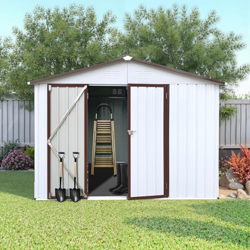 8x6 FT Outdoor Storage Shed, Metal Tool Shed with Lockable Doors, Peaked Roof & Frame Floor