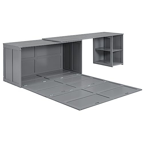 Full Size Murphy Cabinet Wall Bed With Storage and Bookcase Headboard, Solid Wood Cabinet With Shelves and USB Ports, Platform Floor for Home Office