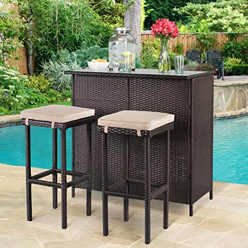 SUNCROWN Outdoor Bar Set 3-Piece Brown Wicker Patio Furniture - Glass Bar and Two Stools with Cushions for Patios, Backyards, Porches