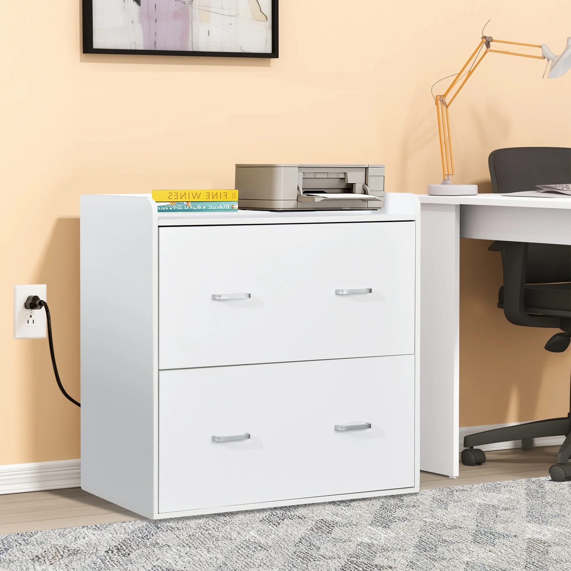 ModFusion 2-Drawer, 4-Metal Drawer Handle A4 Legal Letter Files Organizer Wood Cabinet with Charging Hub Station, White - Curated Treasures Market