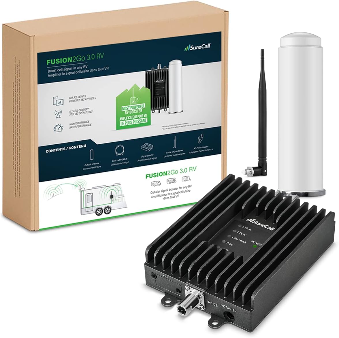 SureCall Fusion2Go 3.0 RV Cell Signal Booster for Motorhome, 5G/4G LTE, Large Vehicles, Permanent Omni Antenna