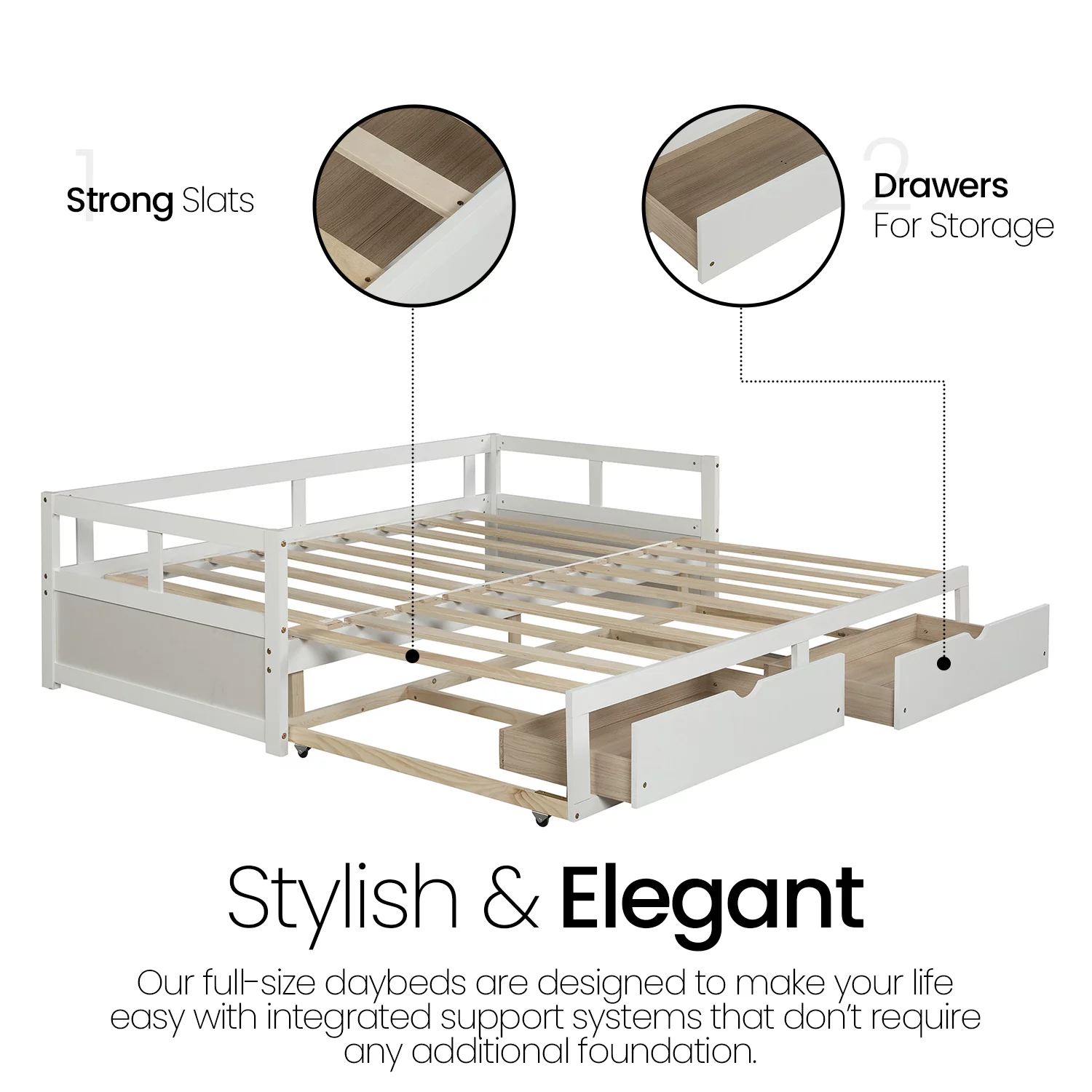Hanway Twin Daybed with Two Drawers - White Solid Pine Wood Material