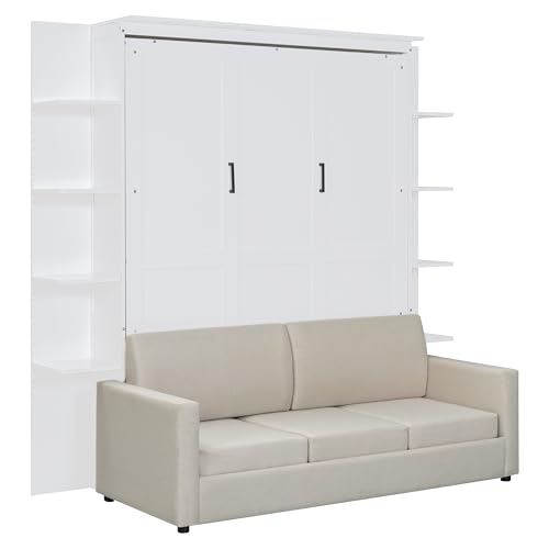 HABITRIO Queen Size Murphy Bed, Wooden Queen Murphy Bed Frame with Shelves, Wall Bed with L-Shape Sofa, White