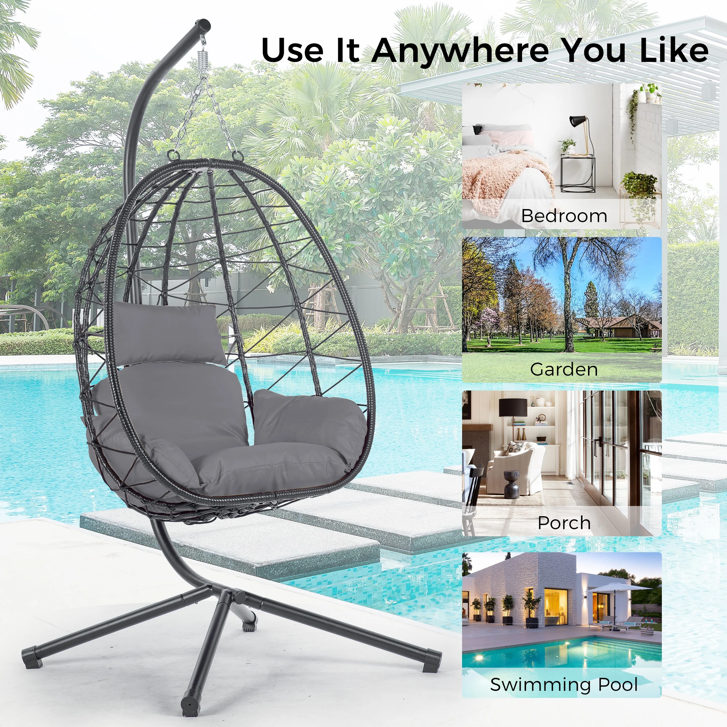 Egg Chair with Stand, Steel Frame Swing Chair Hanging Chair Max 350Lbs with Cushions & Pillow Bedroom, Outdoor, Porch, Garden, Deck, Gray