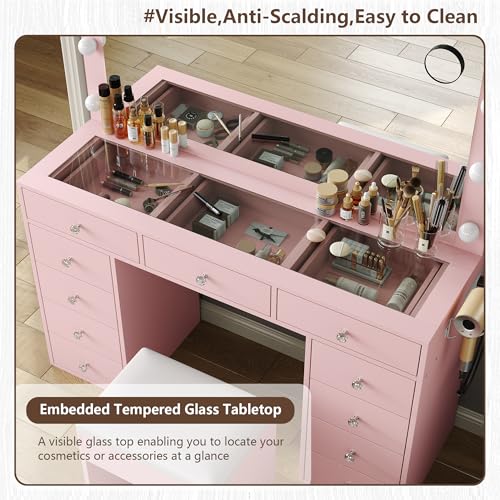 Vanity Desk & Power Outl, Makeup Vanity with Mirror and 12 LED Lights, Makeup Table with 11 Drawers, Vanity Table with Chair