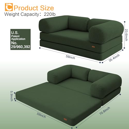 COMAX Folding Sofa Bed, Convertible Chair Bed Corduroy 3-in-1 Foldable Floor Couch with High-Density Foam, Futon Sofa Sleeper Mattress