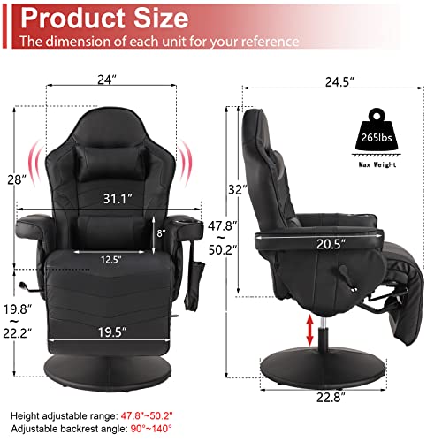 Massage Video Gaming Recliner Chair - Ergonomic Backrest & Seat Height Adjustment Swivel Recliner