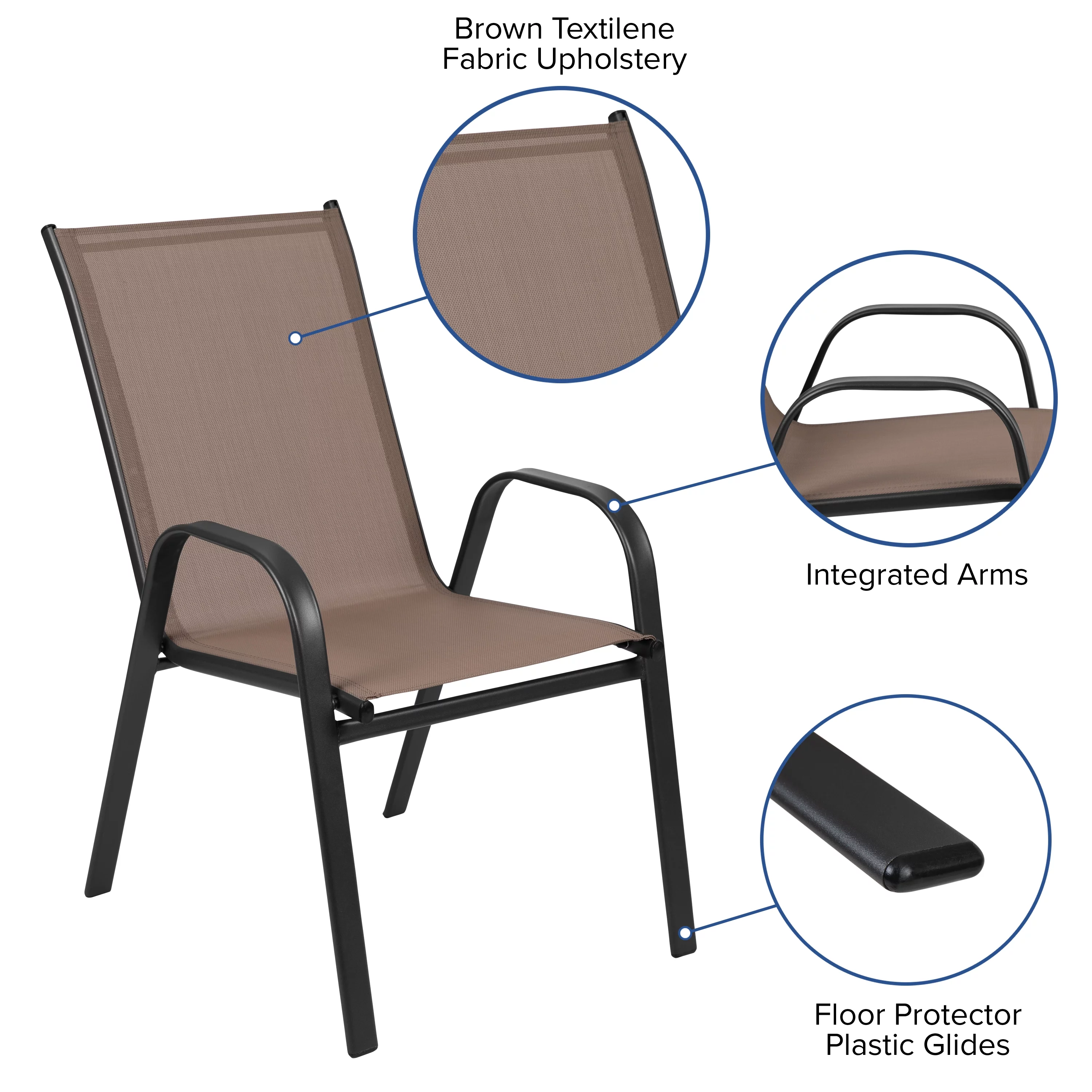 BizChair 7 Piece Outdoor Patio Dining Set - 55" Tempered Glass Patio Table with Umbrella Hole, 6 Brown Flex Comfort Stack Chairs