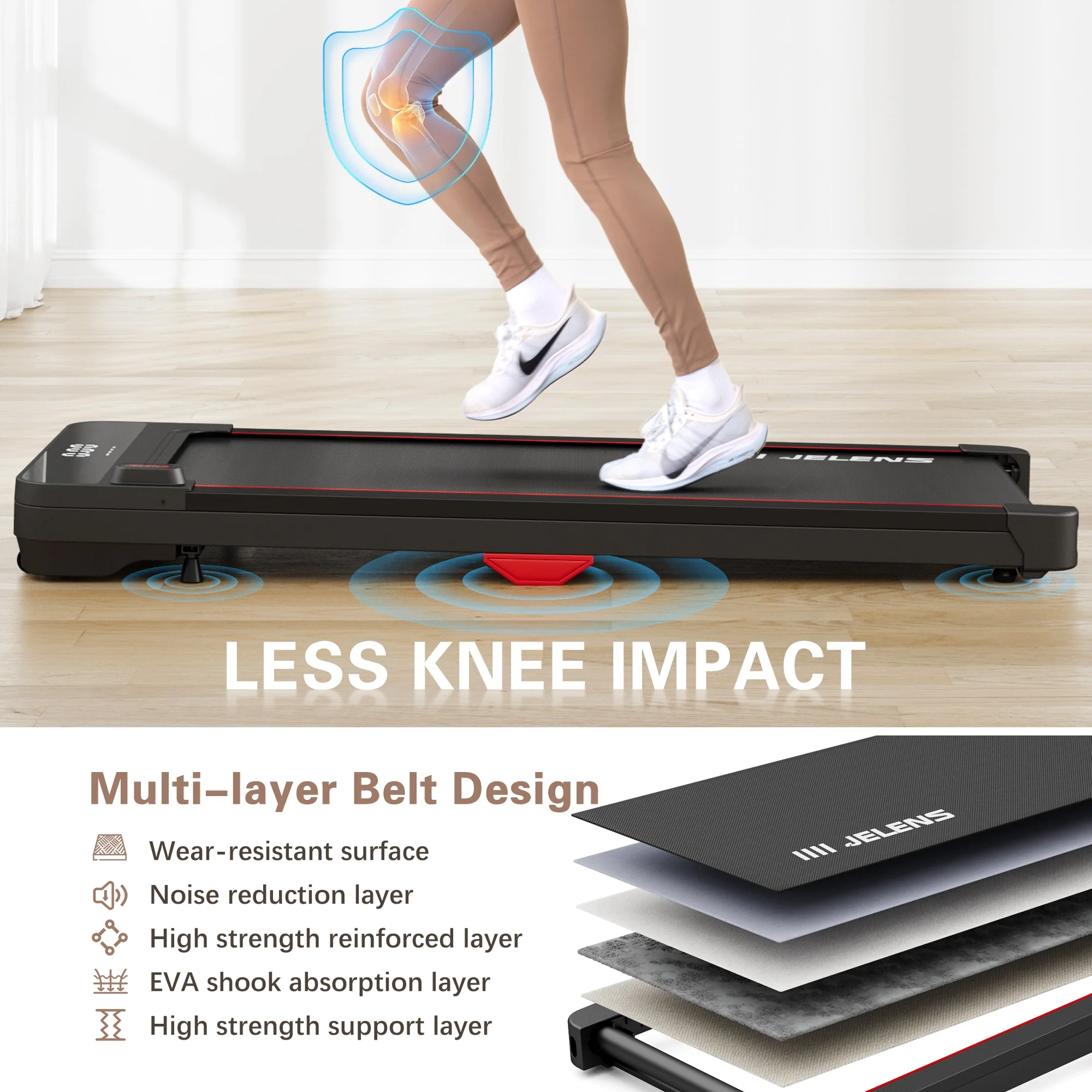 JELENS Walking Pad, Under Desk Treadmill, 2.5HP Portable Treadmills for Home Office, Walking Jogging Machine with Remote Control, LED Display