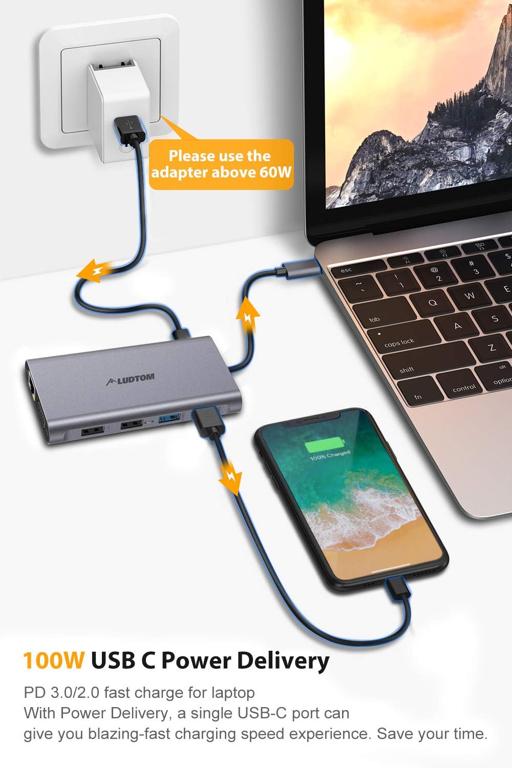 USB C Hub, USB C Laptop Docking Station, LUDTOM Triple Display Type C Dock Station Adapter with 2 HDMI,VGA,PD 3.0 Type C Port,SD TF Card Reader