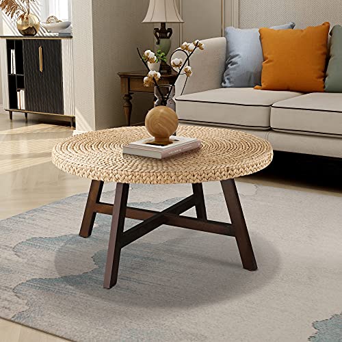 RANDEFURN Coffee Table Round, Seagrass Coffee Tables,Pine Wood X Base Frame Cocktail Table, Easy Assembled, Multiple Sizes for Living Room