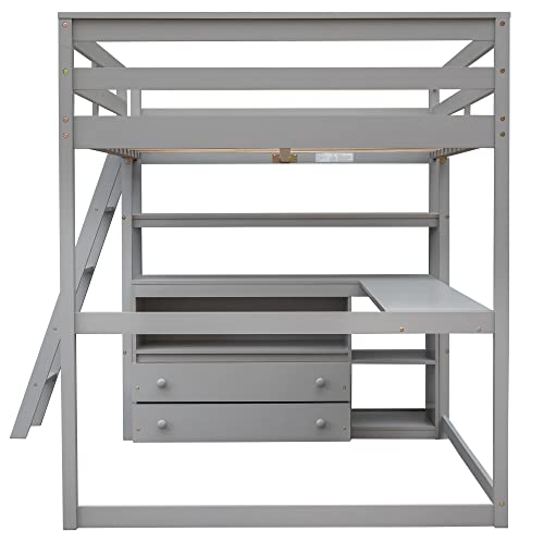 Harper & Bright Designs Twin Size Loft Bed with Wardrobe, Desk and Multiple Storage Shelves, Solid Wood Loft Bed Frame with Bookshelf