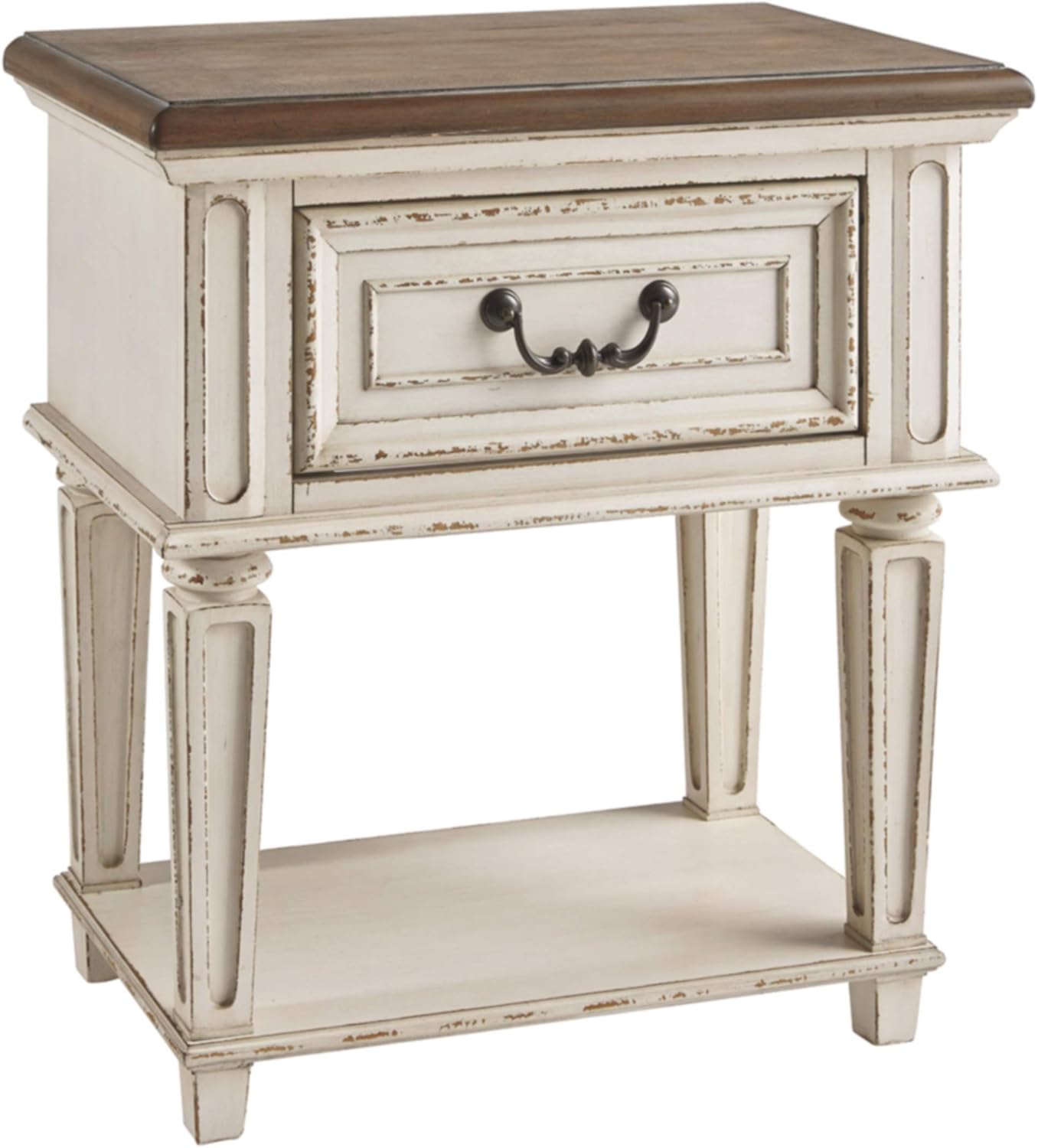 Signature Design by Ashley Realyn French Country 3 Drawer Nightstand with Electrical Outlets & USB Ports, Chipped White