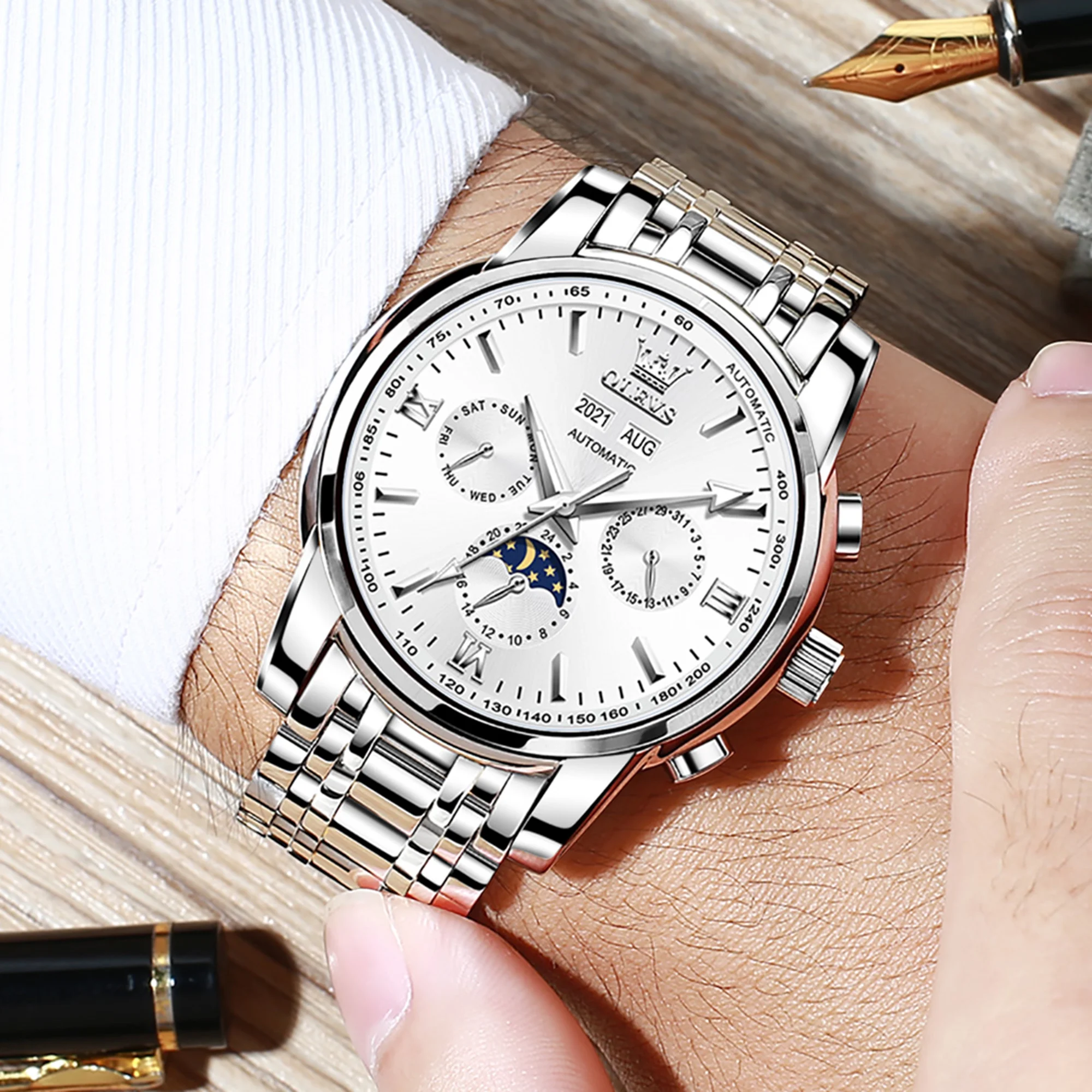 OLEVS Automatic Watches for Mens Stainless Steel Watch Self-Winding Analog Luxury Mens Dress Watch Luminous Waterproof Reloj, Gifts for Men