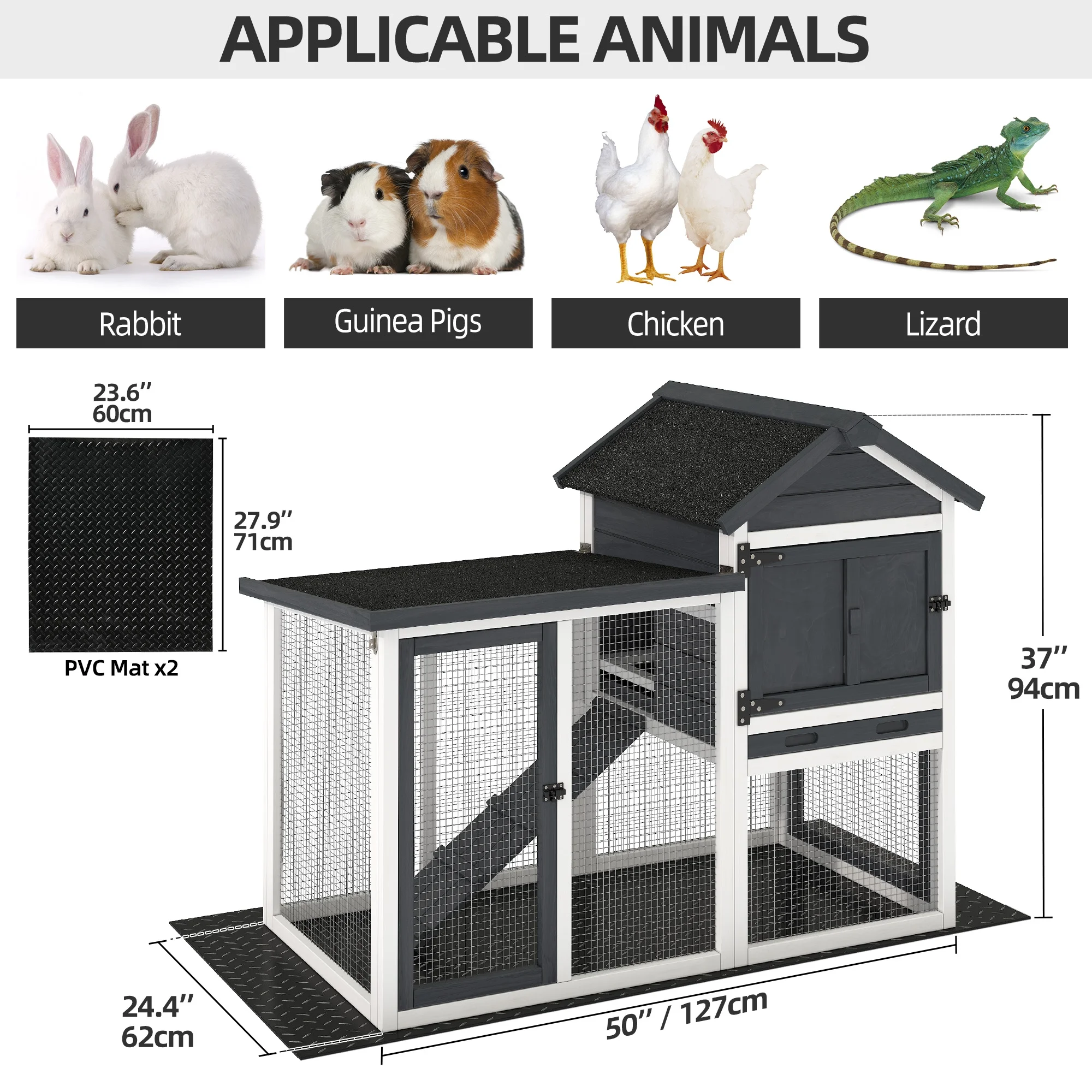 Dextrus Wooden Rabbit Hutch Bunny Cage Guinea Pig House with Waterproof Roof, PVC Mat, Pull-Out Tray - Black - Curated Treasures Market