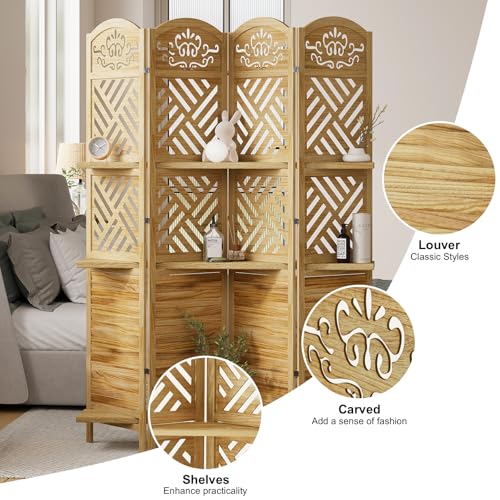 Room Divider with Shelves, 5.75ft Tall Folding Wood Carved Screen with Double Hinges for Home Office Bedroom Hotel Decoration (6 Panels, Natural)