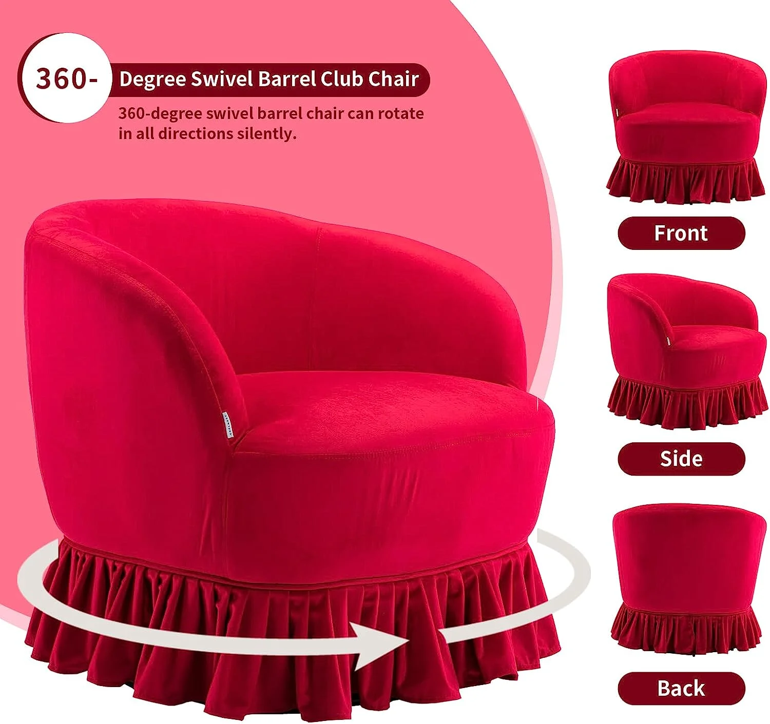 Tabaray Swivel Barrel Chair with Pleated Skirt, 360 Degree Swivel Barrel Club Chair, Comfy Velvet Round Sofa Chair for Living Room