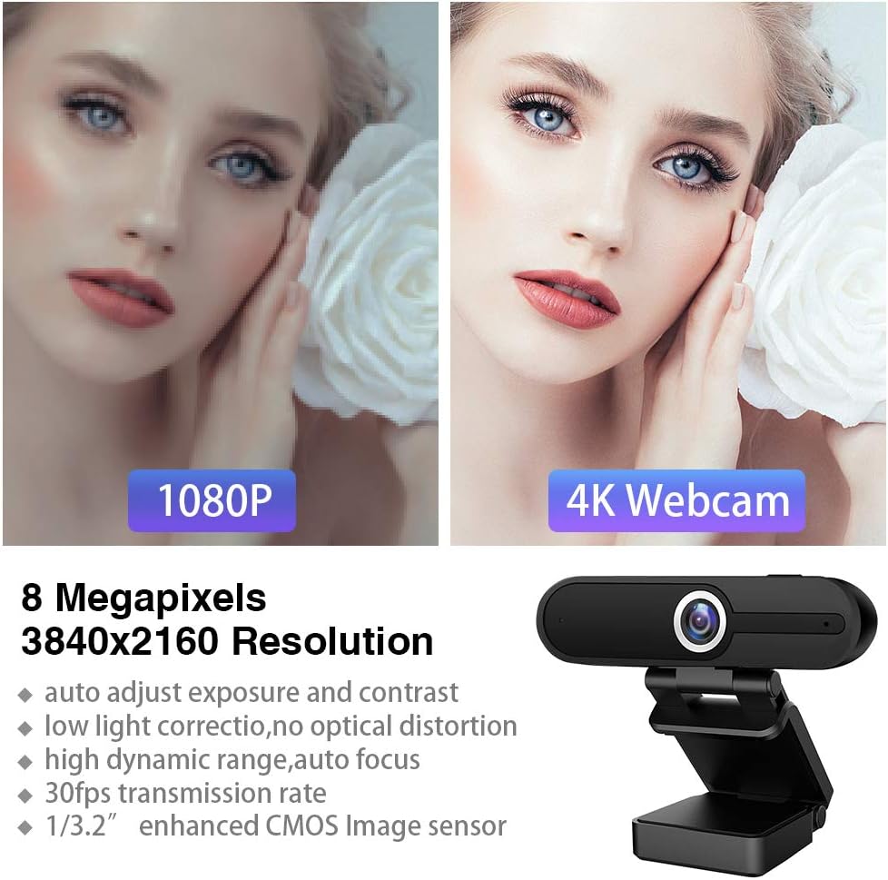 4K Webcam with Microphone,8 Megapixel Web Cam,Ultra HD Web Camera for Computers,Webcam for Laptop Desktop,USB Webcam with Privacy Cover