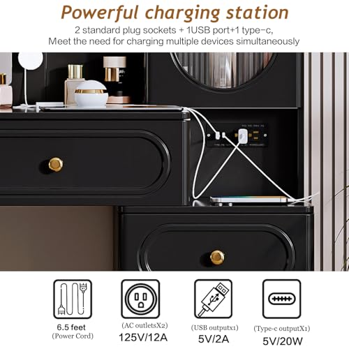 Vanity Desk with Mirror and Lights, with Power Outlet and 10 Lights Modern Capacity Makeup Vanity with 3 Drawers, Makeup Table for Bedroom