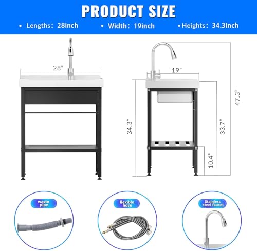 Stainless Steel Utility Sink, 36.6" × 24.2" × 36.6"Freestanding Sink with Cold and Hot Water Faucet,Hoses and Drain Kit for Kitchens, Bathrooms