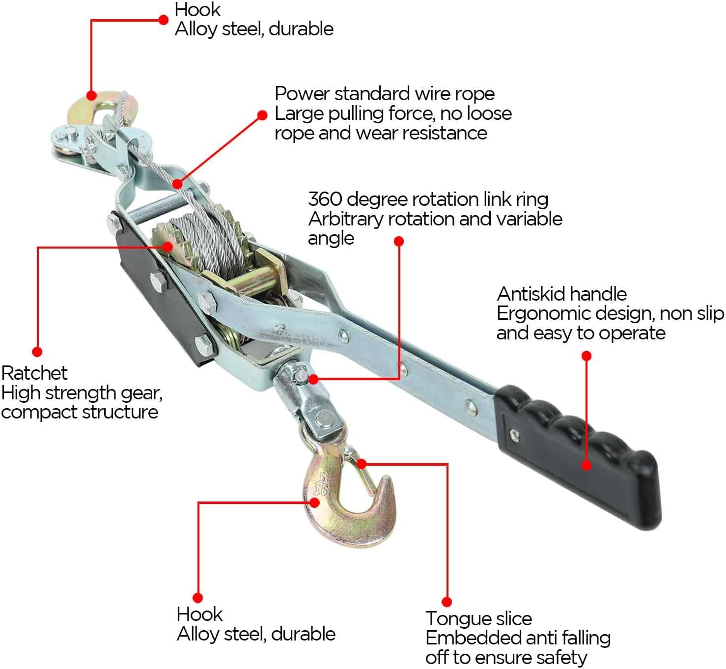 4 Ton Heavy Duty 3 Hook Steel Cable Dual Gear Power Ratchet Come Along Puller Tool，Automotive Hoist Cable Puller