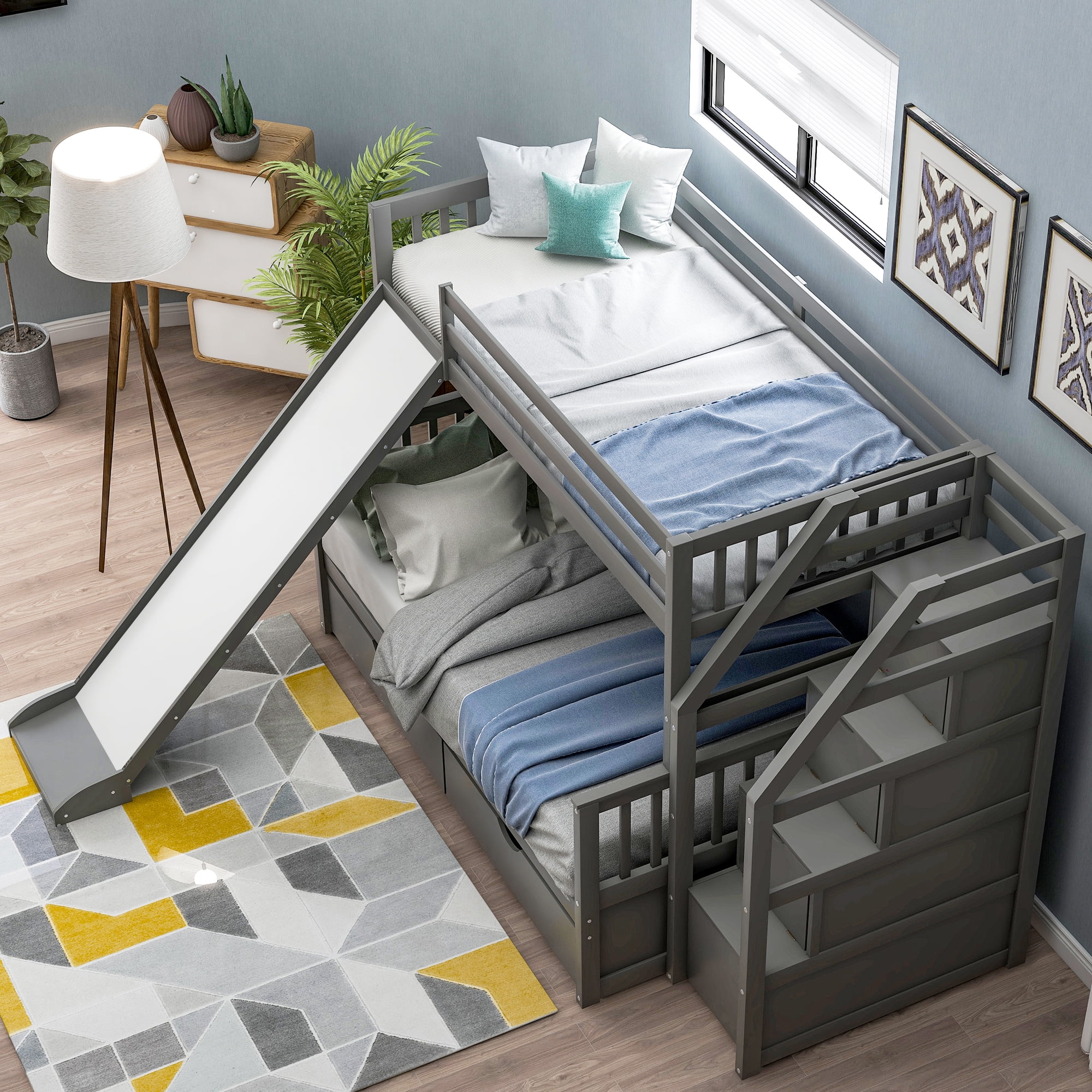 Euroco Wood Twin over Full Bunk Bed with 2 Drawers and Slide, Storage Staircase for Bedroom, Gray - Radiant Selections