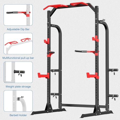 SunHome Power Cage Squat Rack, Multi-Functional Power Rack with Adjustable Cable Crossover System, J-Hooks, Dip Handles, Weight Plate Storage
