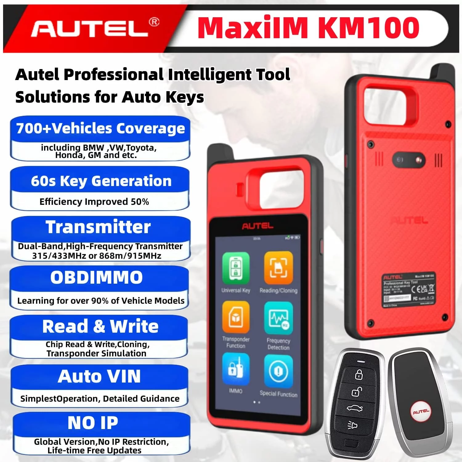 Autel MaxiIM KM100 Key Fob Programmer Immobilizer Tool with 2pcs Blank IKEY 60s Key Generation OBD IMMO/Key Learning Transponder Editing Chip