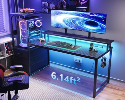 AODK 59 Inch Gaming Desk with USB Charging Ports & LED Light- Reversible Computer Desk with Storage Shelves & Monitor Stand