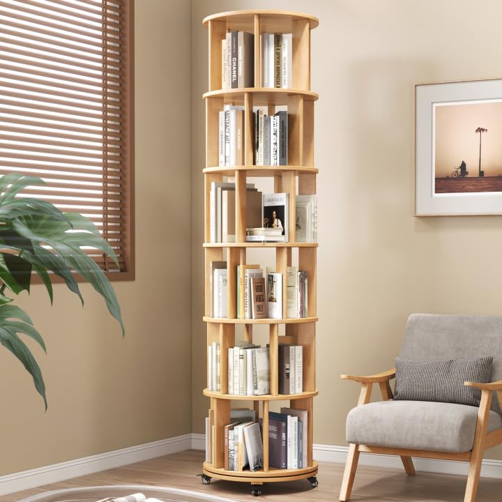 6 Tier Rotating Bookshelf Tower Spinning Bookshelf with Swivel Wheels Book Shelf Rotating Storage Tower for Kids Adult Narrow Walnut Solid Wood