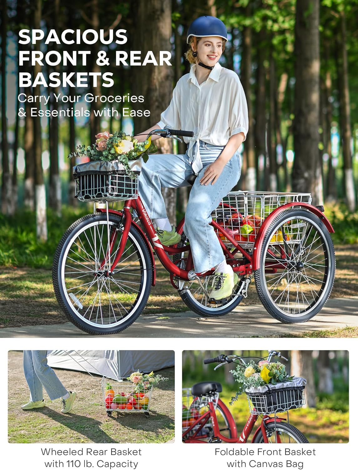 Viribus Adult Tricycle, 7 Speed Tricycle for Adults with Front & Rear Removable Wheeled Baskets, 3 Wheel Bikes for Adults 24 or 26 in