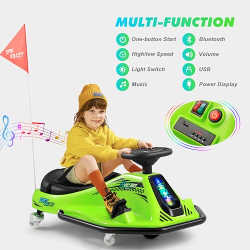 360 Degrees Rotating Ride On Drift Car and 2 Replacement Universal Wheels, 24V Electric Drifting Go Kart for Kids W/Brushless Motor, High/Low Speed