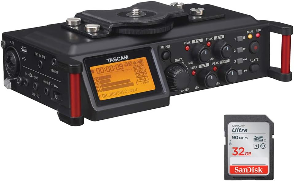Tascam DR-70D 4-Track Portable Audio Recorder with 32GB SDHC Memory Card Bundle