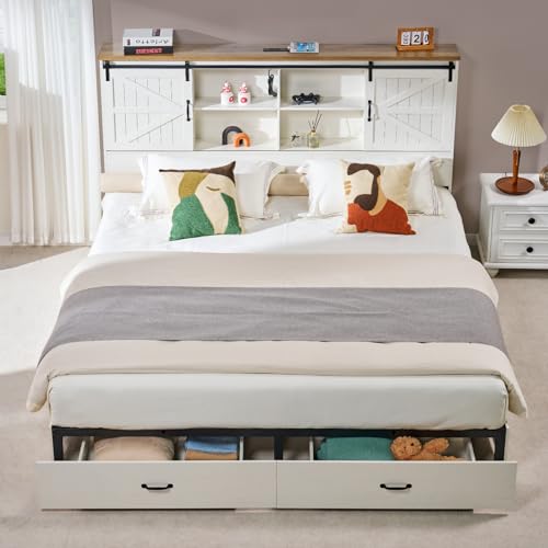 VanAcc Full Size Bed Frame, Wooden Platform Storage Bed with 51.2" Bookcase Headboard, 2 Drawers