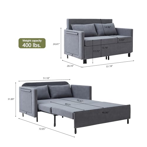 3-in-1 Sleeper Sofa Bed, 51'' Convertible Folding Couch with Pullout Bed, Chenille Futon Sleeper Sofa with Side Table and 2 Pillows