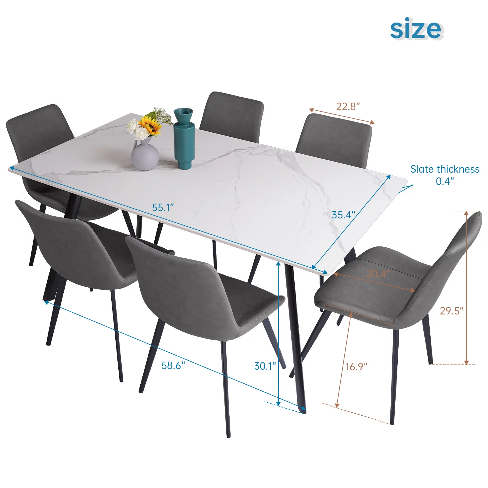 7 Piece Dining Table Sets,Stable Sintered Stone & Leather Modern Dining Chairs Set of 6(1Table with 6 GreyChairs)