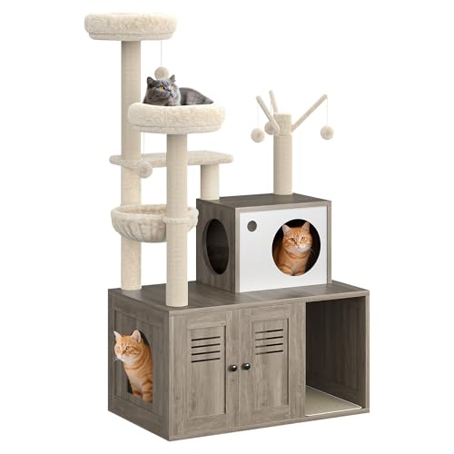 Litter Box Enclosure with Cat Tree Tower and Condo,Hidden Pet Washroom Furniture with Sisal Scratching Post,Hammocks,Condo,Multiple Platform