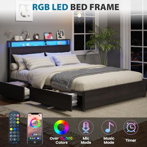 Full Size Bed Frame with Headboard, LED Platform Bed with 4 Storage Drawers, Built in Charging Station, Noise-Free, Metal Support Base