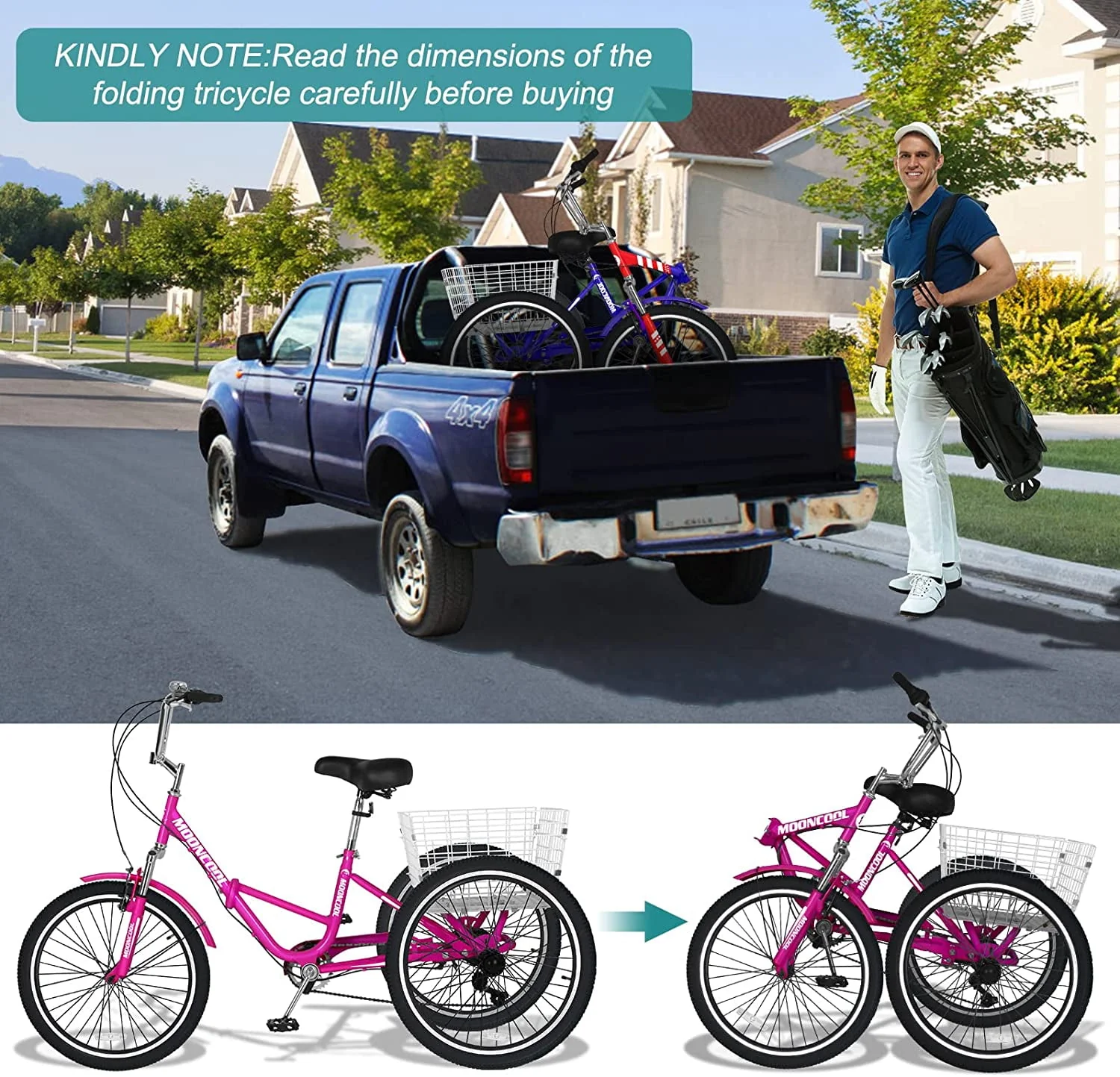 MOONCOOL Adult Folding Tricycle for Adults, 7 Speed 20/24/26 inch 3 Wheels Bikes with Basket, Foldable Tricycle for Adults, Women, Men, Seniors