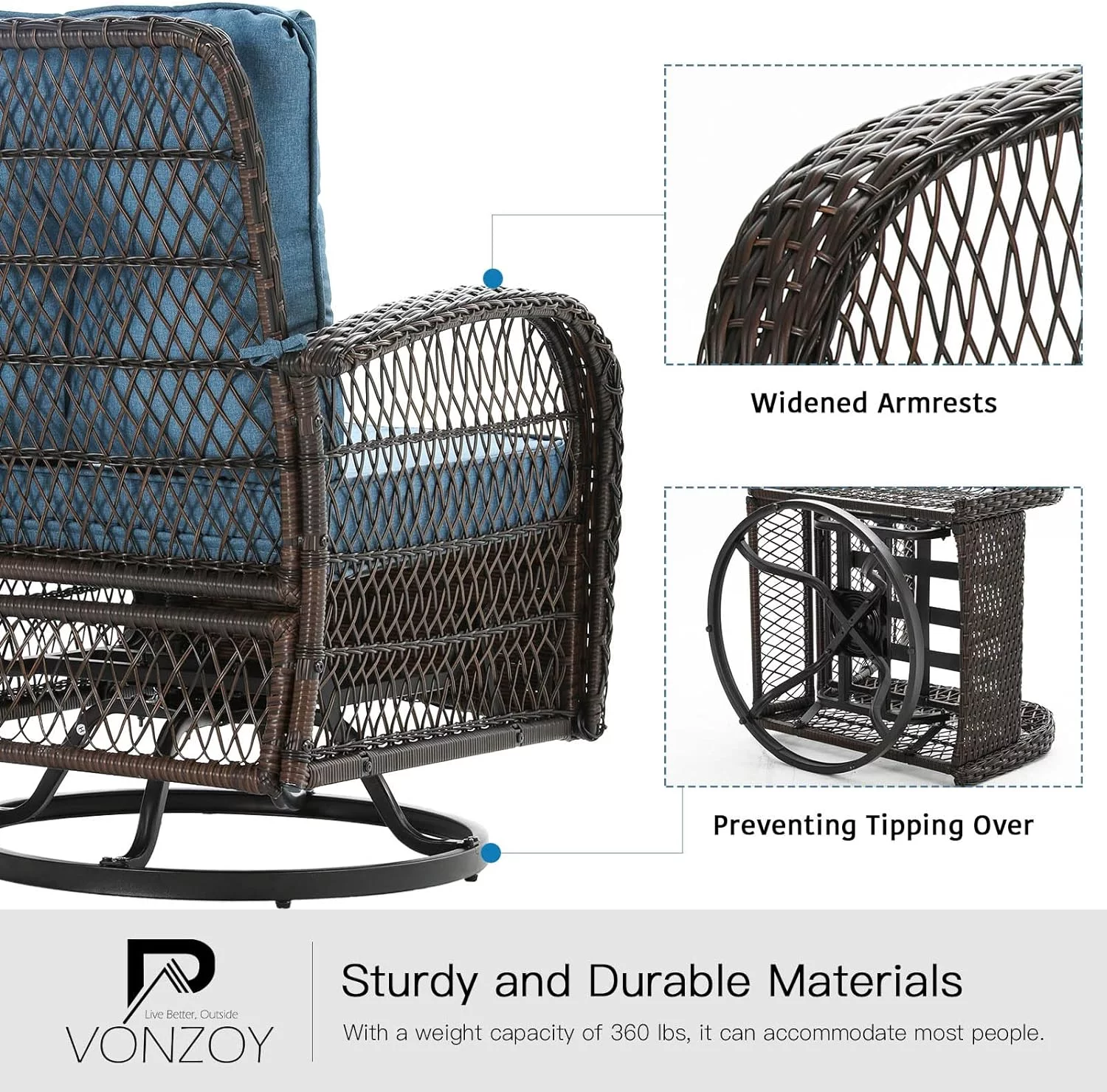 ELPOSUN 3 Pieces Patio Furniture Set, Outdoor Swivel Gliders Rocker, Wicker Patio Bistro Set with Rattan Rocking Chair