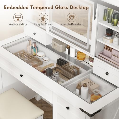 HOMCOM Farmhouse Vanity Desk with Mirror, LED Lights Makeup Vanity Table with 42 Inch Glass Tabletop, Cushioned Stool, Drawers & Shelves & Cabinet
