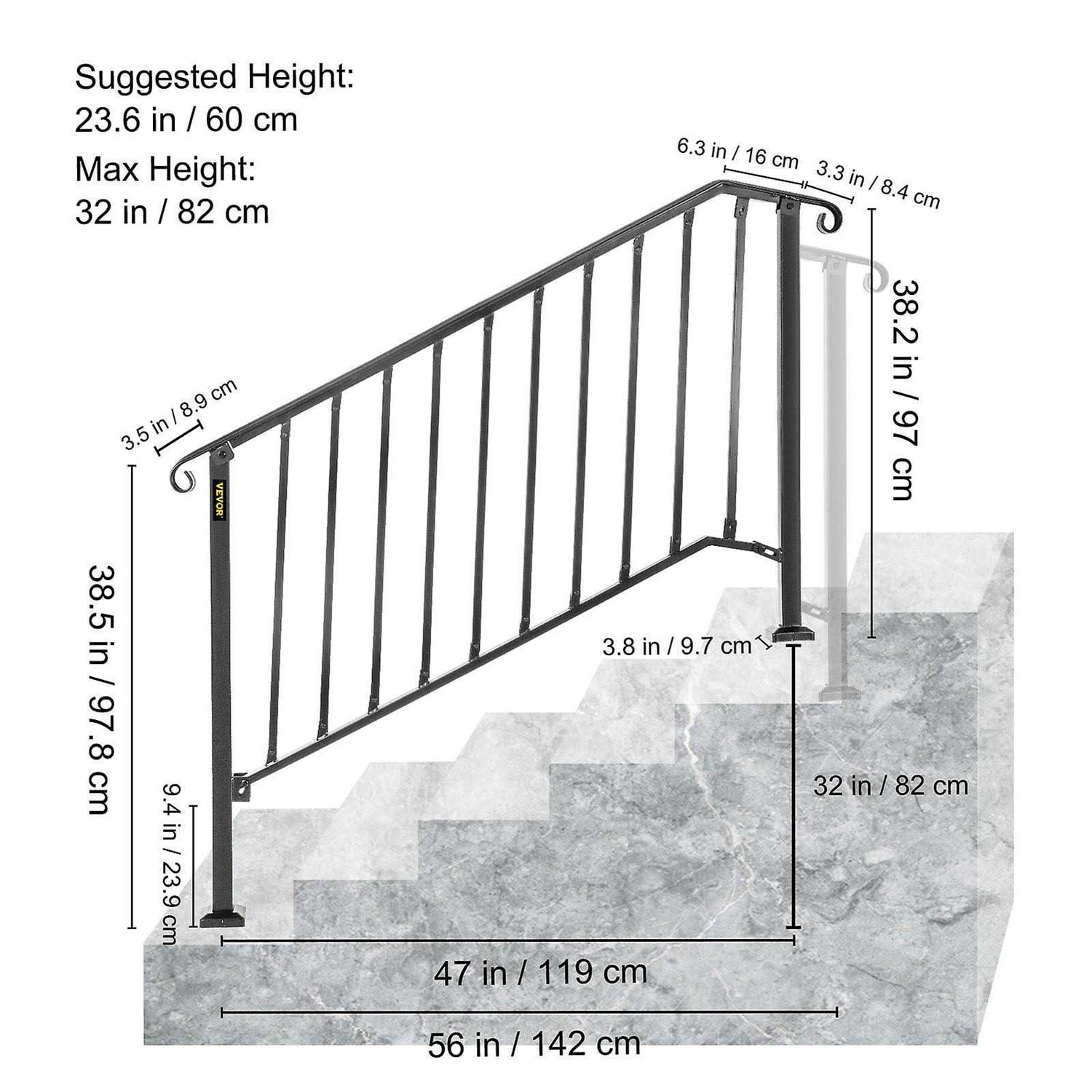 VEVOR Handrail Picket #4 Fits 4 or 5 Steps Matte Black Stair Rail Wrought Iron Handrail with Installation Kit Hand Rails for Outdoor Steps