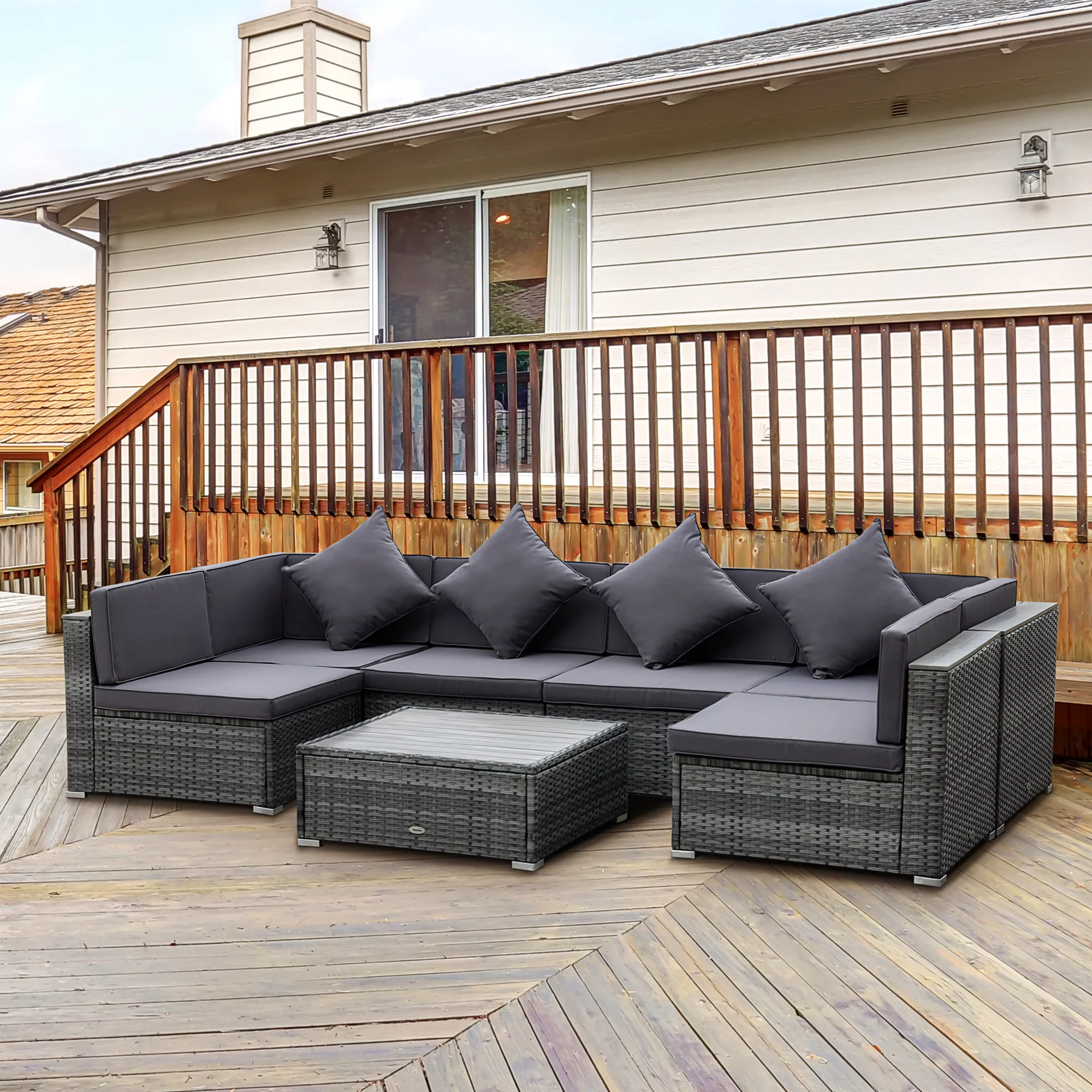 Outsunny 7-Piece Patio Furniture Sets PE Rattan Sectional Sofa Set Outdoor Conversation Set w/ Acacia Top Coffee Table & Cushion for Garden, Backyard
