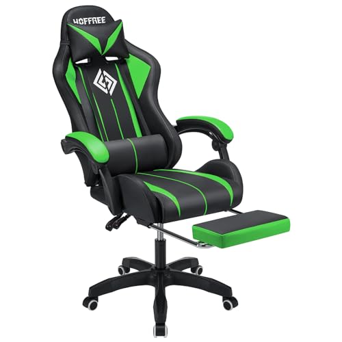 HOFFREE RGB Gaming Chair with Speakers Massage Computer Gaming Chair with LED Lights and Footrest High Back Video Game Chair for Adults Blue and Black