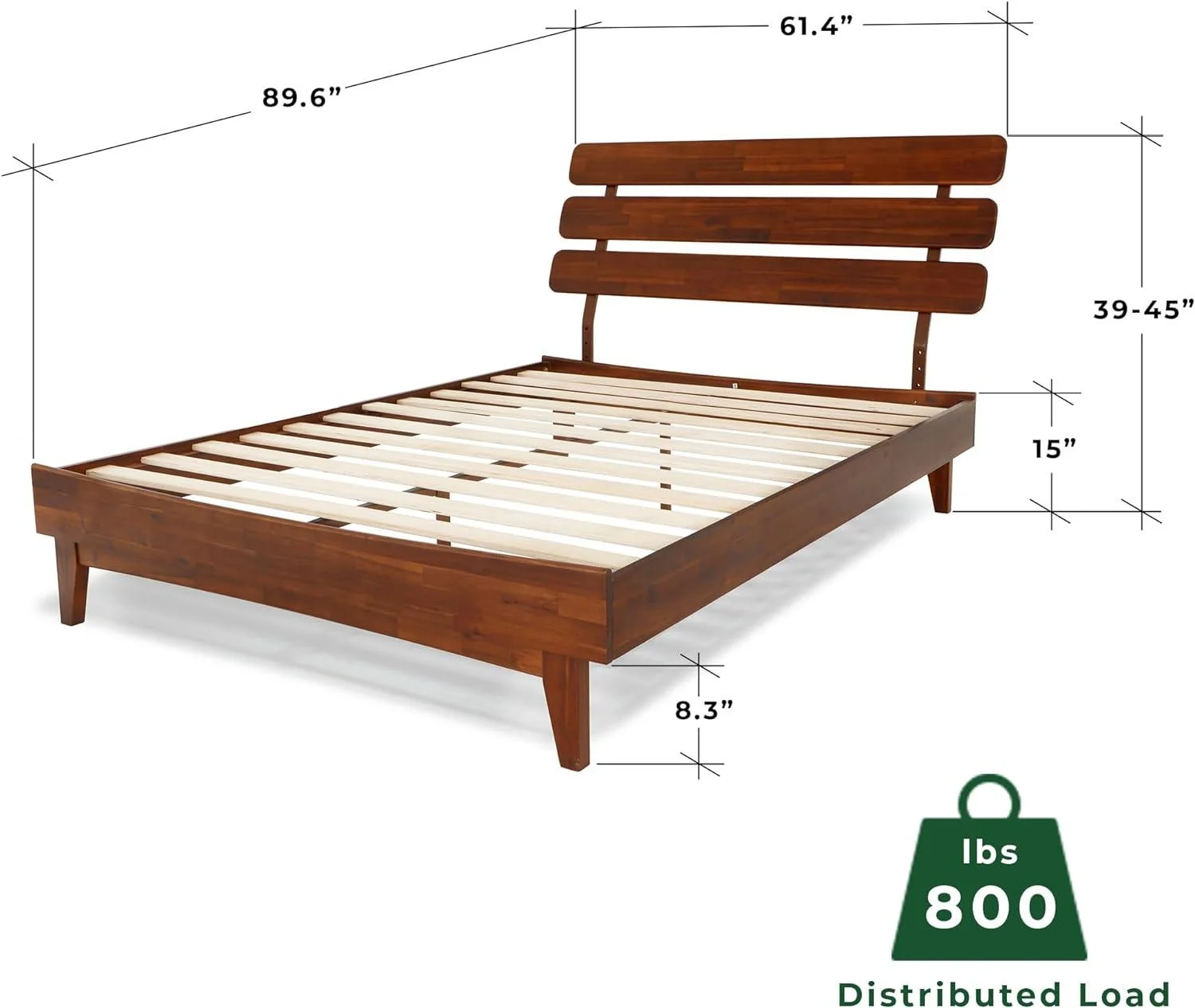 BME Dalen 45" Bed Frame Queen, Adjustable Headboard, Mid-Century, Solid Wood, Dark Choco