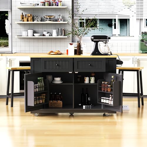 Ball & Cast 48" Large Kitchen Island with Power Outlet,Rolling Kitchen Cart on 5 Wheels W/Drop Leaf and 5 Open Side Racks