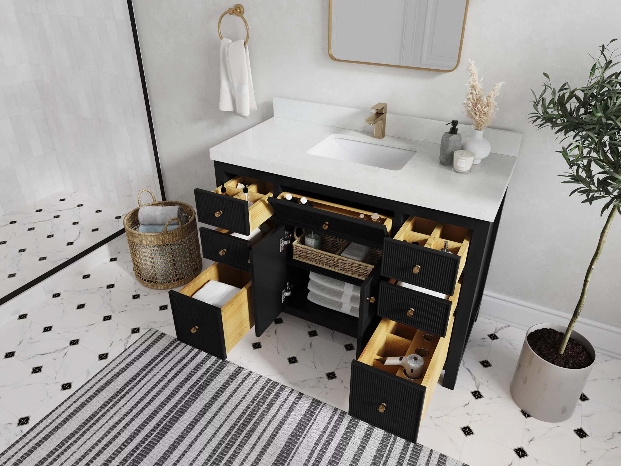 Sonoma 48 in W x 22 in D Free Standing Reeded Single Sink Bathroom Vanity in Black with Quartz or Marble Countertop