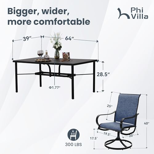 PHI VILLA 5 PCS Outdoor Patio Dining Set with Swivel Dining Chairs (Blue) and 37"x 37" Metal Steel Dining Table(1.57" Umbrella Hole)